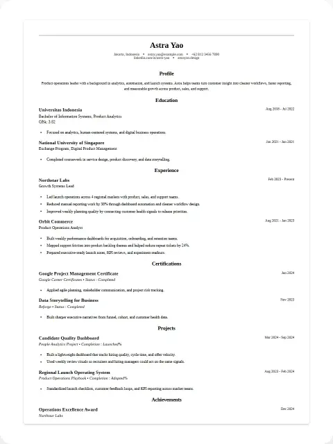 Mini preview of the Harvard Bullet Guide CV template with Astra Yao sample data