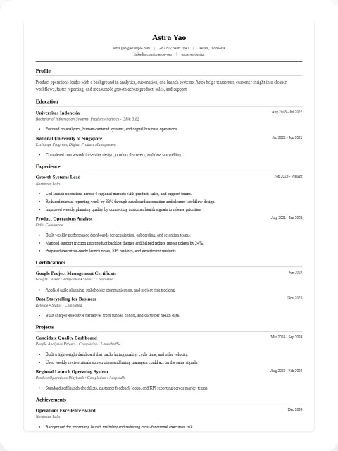 Mini preview of the Harvard Classic CV template with Astra Yao sample data