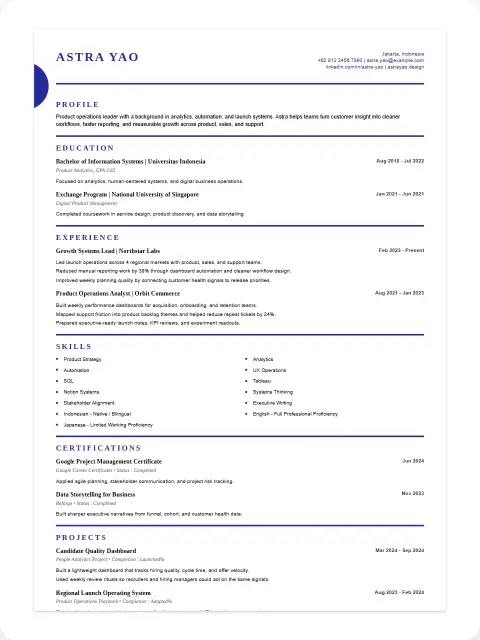 Mini preview of the Indigo Arc CV template with Astra Yao sample data