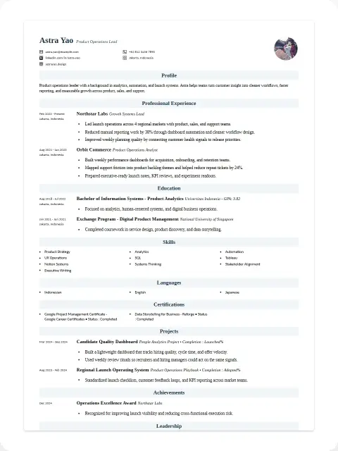 Mini preview of the Steady Form CV template with Astra Yao sample data
